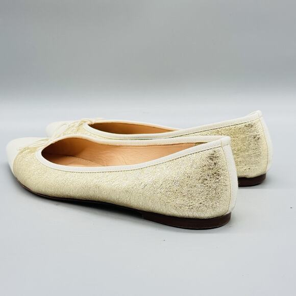 J Crew Shoes Women 7 Gold Leather Ballet Flat Pointed Cap Toe Bow Slip On Casual - Picture 4 of 9